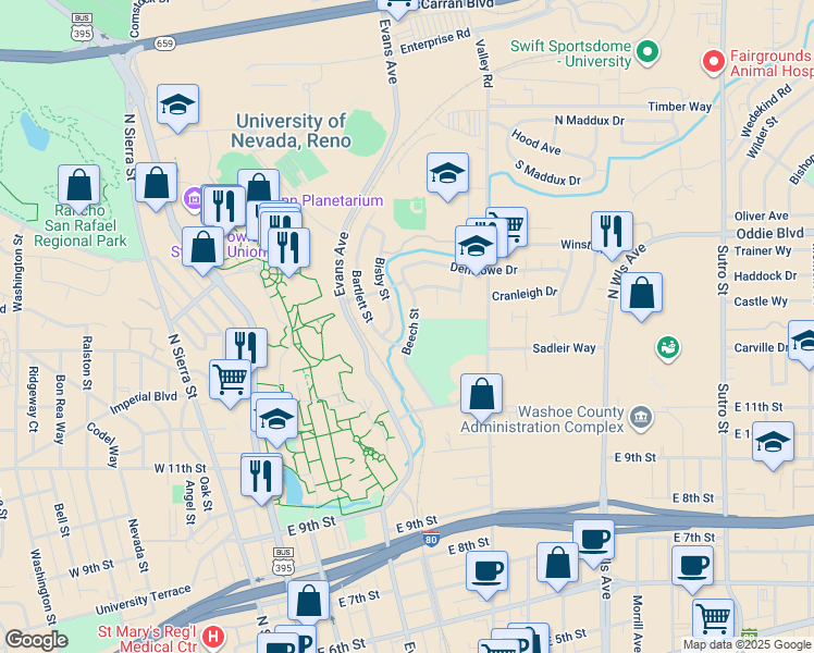 map of restaurants, bars, coffee shops, grocery stores, and more near 1625 Beech Street in Reno
