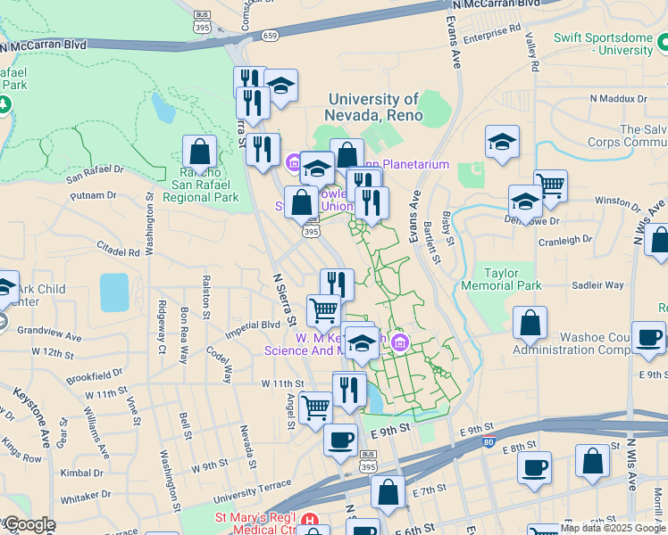 map of restaurants, bars, coffee shops, grocery stores, and more near 1430 North Virginia Street in Reno