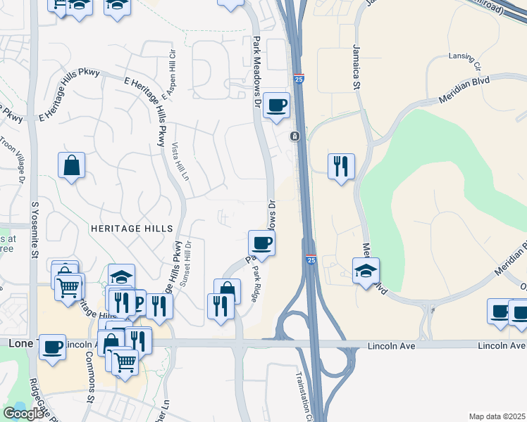 map of restaurants, bars, coffee shops, grocery stores, and more near 10275 Park Meadows Drive in Lone Tree
