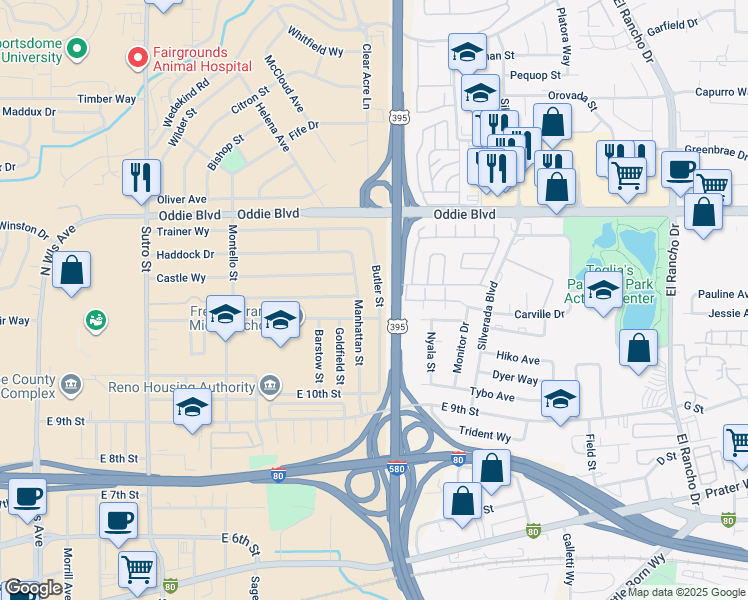 map of restaurants, bars, coffee shops, grocery stores, and more near 1315 Butler Street in Reno