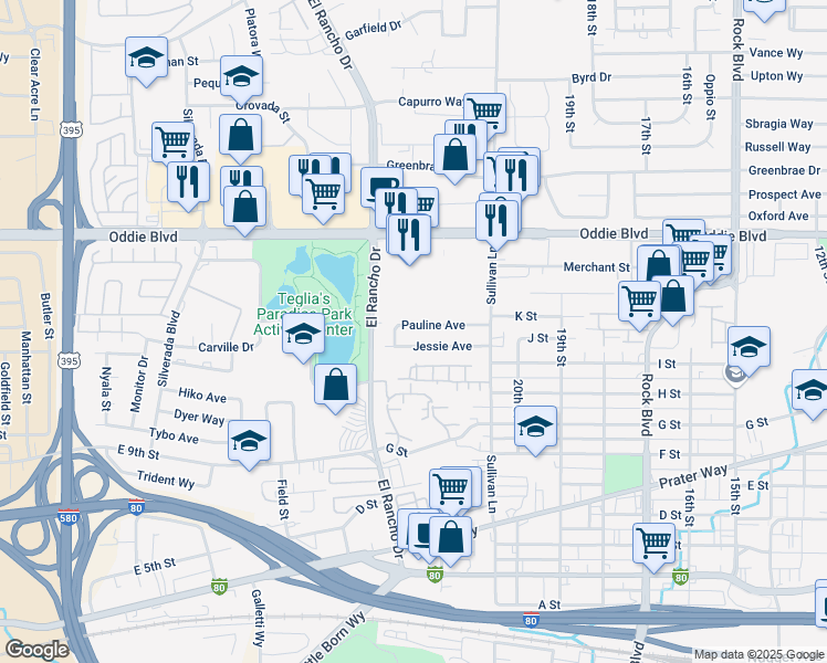 map of restaurants, bars, coffee shops, grocery stores, and more near 2380 Pauline Avenue in Sparks