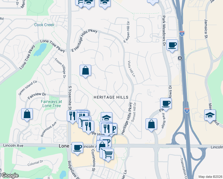 map of restaurants, bars, coffee shops, grocery stores, and more near 9555 Silent Hills Lane in Lone Tree