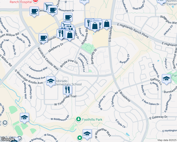 map of restaurants, bars, coffee shops, grocery stores, and more near 9706 Elmhurst Lane in Littleton