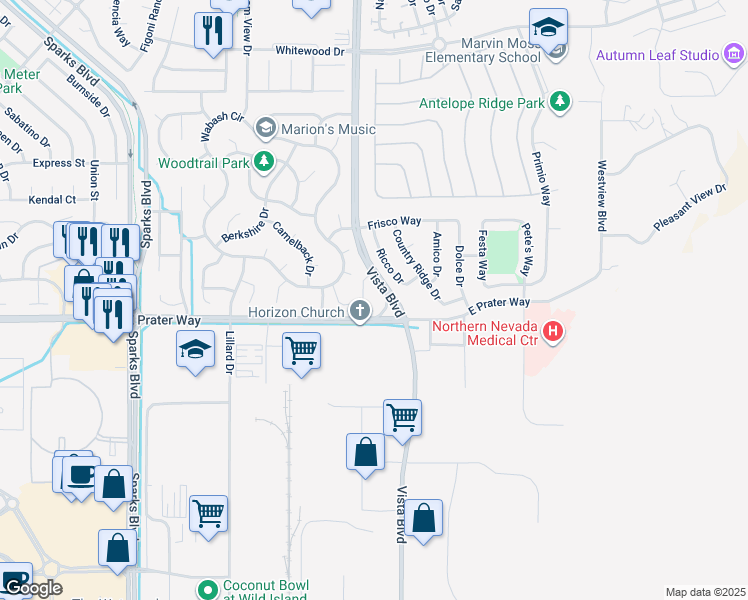 map of restaurants, bars, coffee shops, grocery stores, and more near 2000 East Prater Way in Sparks