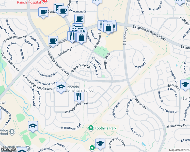 map of restaurants, bars, coffee shops, grocery stores, and more near 9531 Cedarhurst Lane in Highlands Ranch