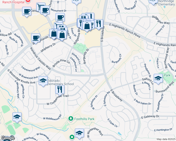 map of restaurants, bars, coffee shops, grocery stores, and more near 375 West Burgundy Street in Highlands Ranch