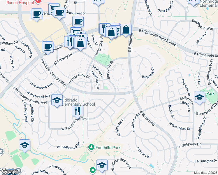 map of restaurants, bars, coffee shops, grocery stores, and more near 535 Elmhurst Way in Highlands Ranch
