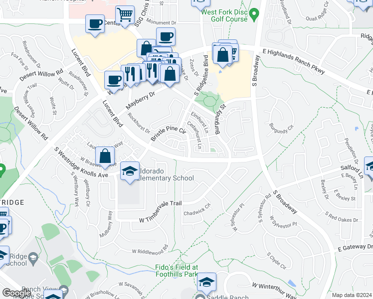map of restaurants, bars, coffee shops, grocery stores, and more near 781 Rockhurst Drive in Highlands Ranch