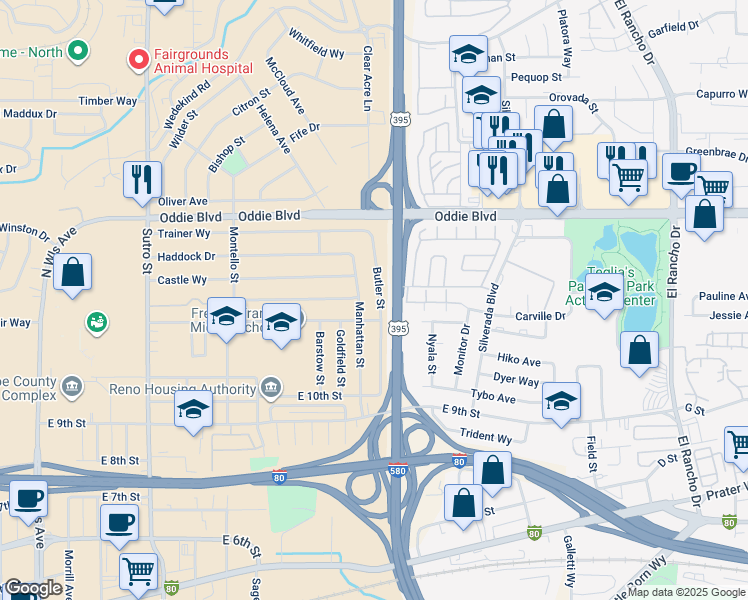map of restaurants, bars, coffee shops, grocery stores, and more near 1330 Butler Street in Reno