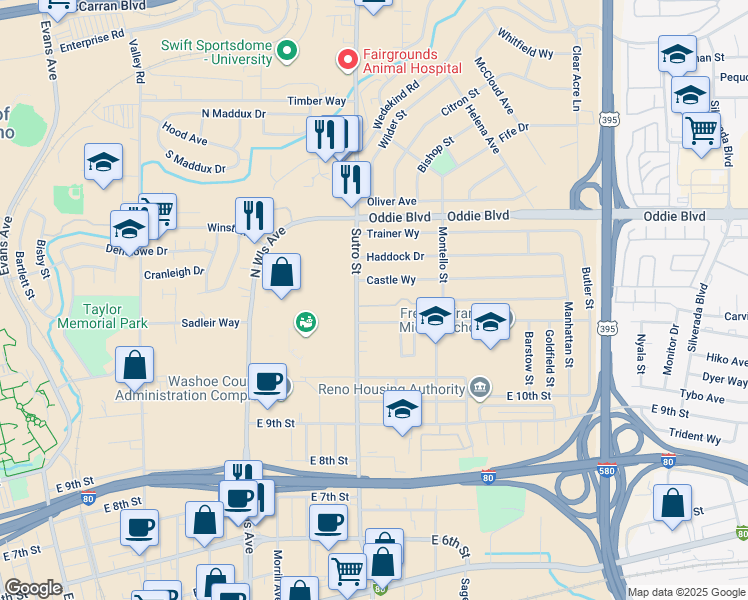 map of restaurants, bars, coffee shops, grocery stores, and more near 1290 Castle Way in Reno