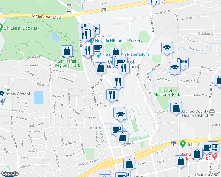 map of restaurants, bars, coffee shops, grocery stores, and more near 1430 North Virginia Street in Reno