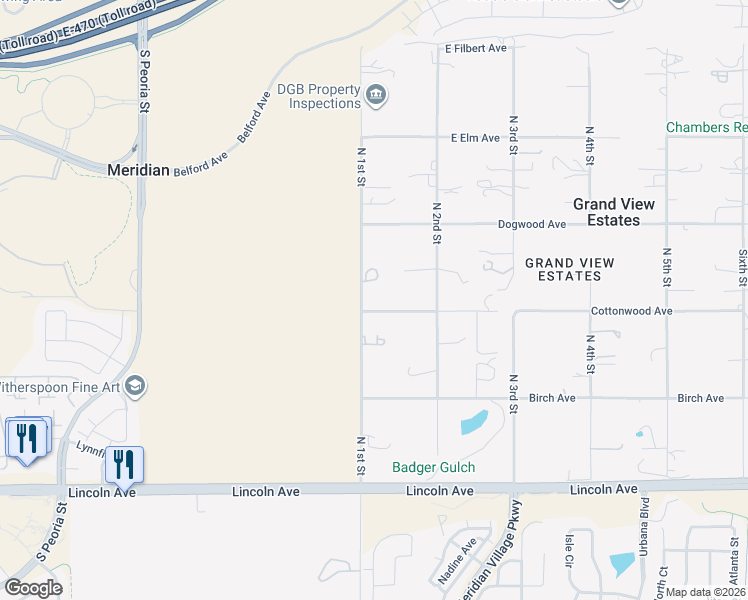 map of restaurants, bars, coffee shops, grocery stores, and more near 12426 North 1st Street in Parker