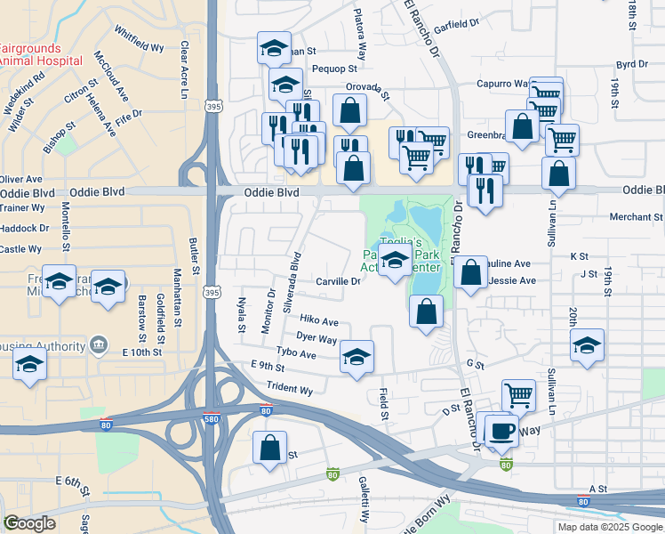 map of restaurants, bars, coffee shops, grocery stores, and more near 2601 Carville Drive in Reno