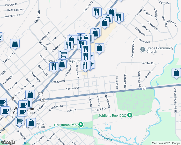 map of restaurants, bars, coffee shops, grocery stores, and more near 500 South Elm Street in Washington Court House