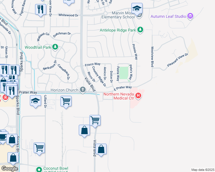 map of restaurants, bars, coffee shops, grocery stores, and more near 960 Country Ridge Drive in Sparks