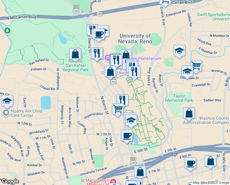 map of restaurants, bars, coffee shops, grocery stores, and more near 1447 Terrace Drive in Reno