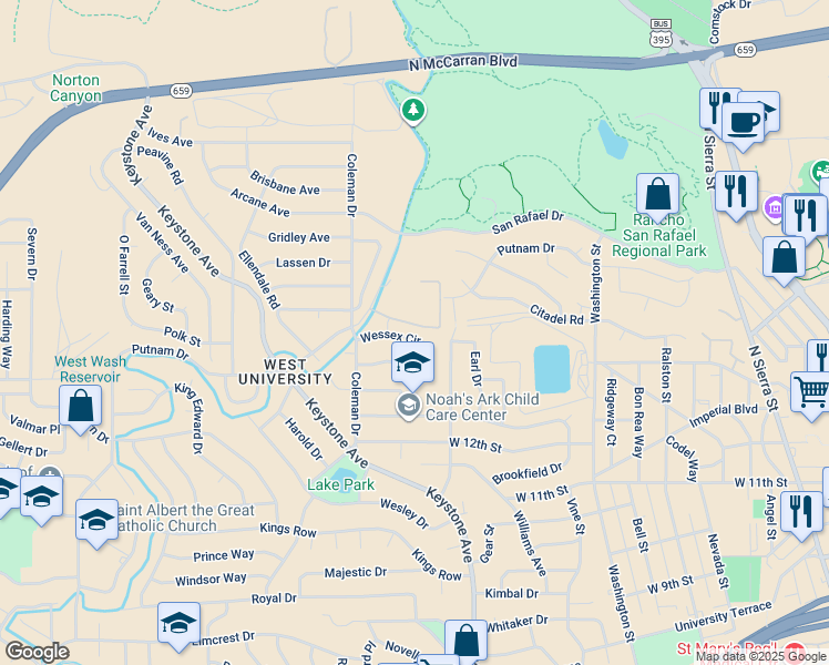 map of restaurants, bars, coffee shops, grocery stores, and more near 1470 Wessex Circle in Reno