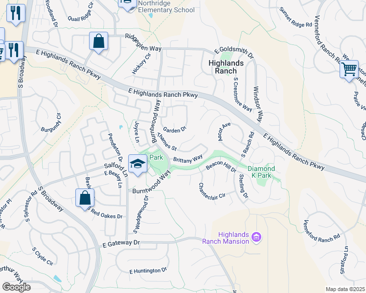 map of restaurants, bars, coffee shops, grocery stores, and more near 9553 Devonshire Place in Littleton