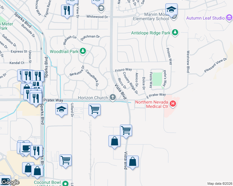 map of restaurants, bars, coffee shops, grocery stores, and more near 2000 East Prater Way in Sparks