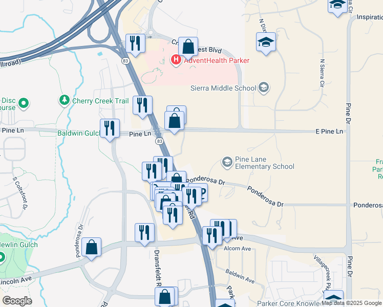 map of restaurants, bars, coffee shops, grocery stores, and more near 6250 East Pine Lane in Parker