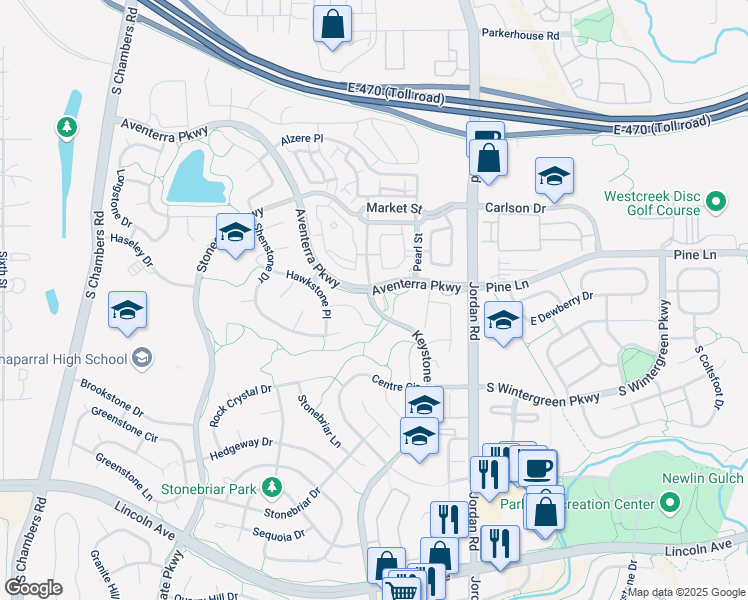 map of restaurants, bars, coffee shops, grocery stores, and more near 9584 Keystone Boulevard in Parker