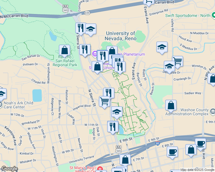 map of restaurants, bars, coffee shops, grocery stores, and more near 1421 North Virginia Street in Reno