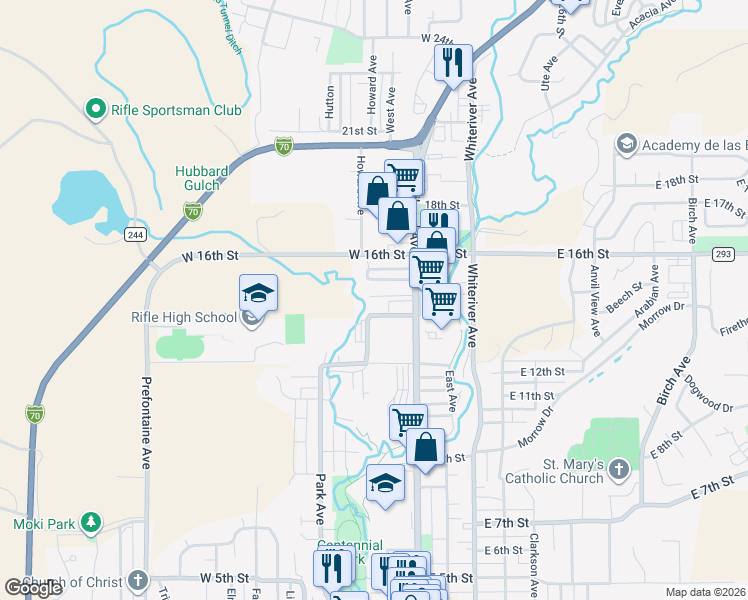 map of restaurants, bars, coffee shops, grocery stores, and more near 1215 Howard Avenue in Rifle
