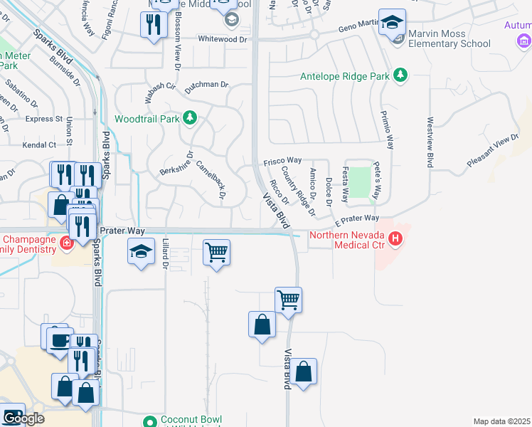 map of restaurants, bars, coffee shops, grocery stores, and more near 1025 Ricco Drive in Sparks