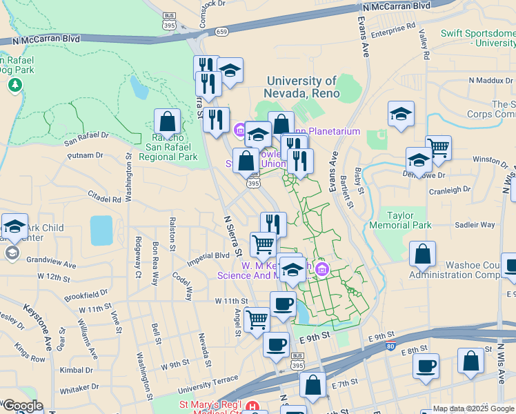 map of restaurants, bars, coffee shops, grocery stores, and more near 1447 Terrace Drive in Reno