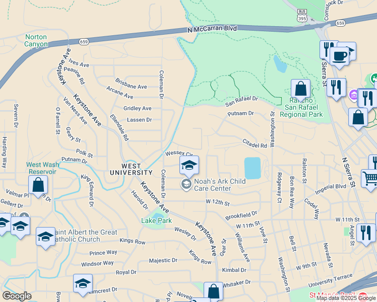 map of restaurants, bars, coffee shops, grocery stores, and more near 1470 Wessex Circle in Reno