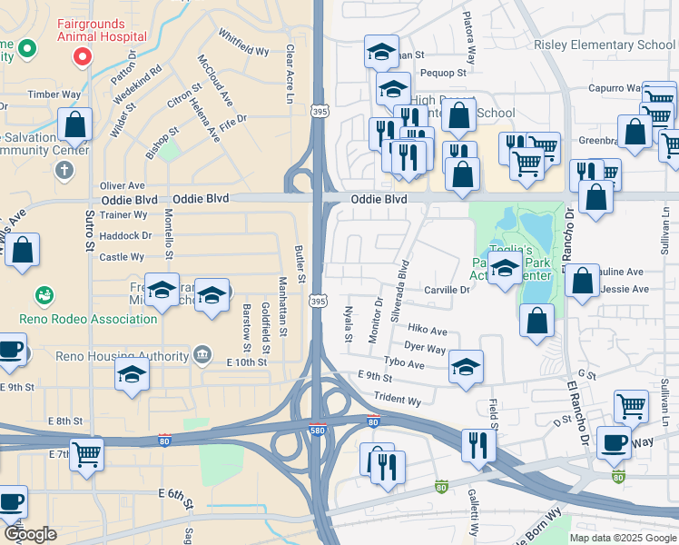 map of restaurants, bars, coffee shops, grocery stores, and more near 2105 Carville Drive in Reno