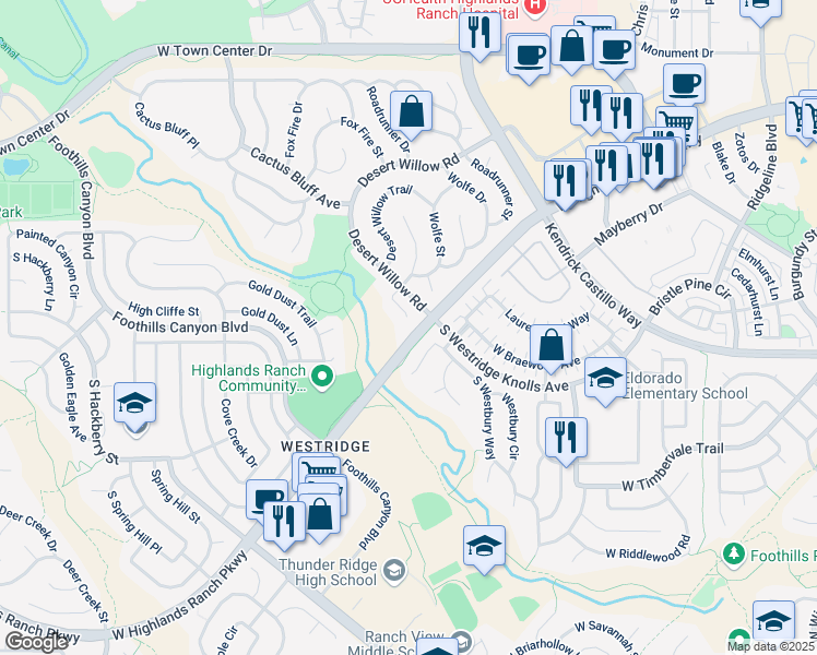 map of restaurants, bars, coffee shops, grocery stores, and more near 9572 Desert Willow Way in Highlands Ranch
