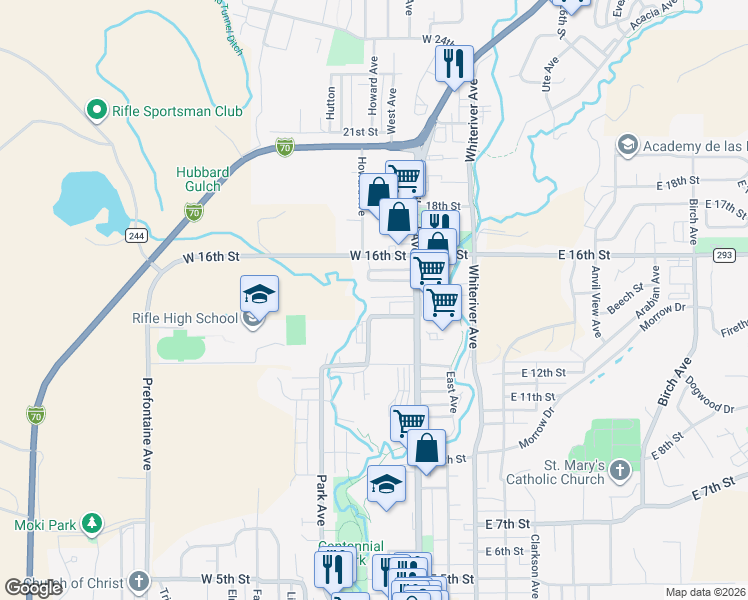 map of restaurants, bars, coffee shops, grocery stores, and more near 1215 Howard Avenue in Rifle