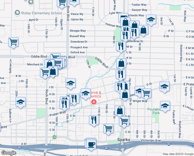 map of restaurants, bars, coffee shops, grocery stores, and more near 1026 I Street in Sparks
