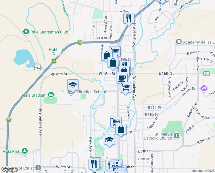 map of restaurants, bars, coffee shops, grocery stores, and more near 1215 Howard Avenue in Rifle