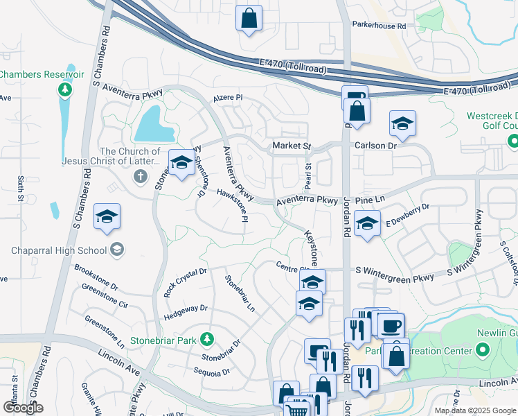 map of restaurants, bars, coffee shops, grocery stores, and more near 16405 Stonefeld Place in Parker