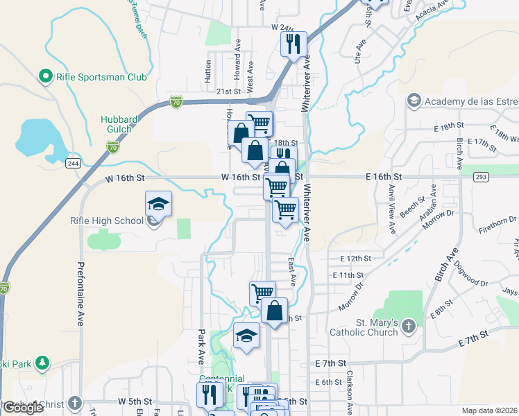 map of restaurants, bars, coffee shops, grocery stores, and more near 1467-1527 Railroad Avenue in Rifle