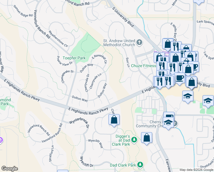 map of restaurants, bars, coffee shops, grocery stores, and more near 9510 Dolton Way in Littleton
