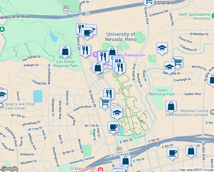 map of restaurants, bars, coffee shops, grocery stores, and more near 1447 Terrace Drive in Reno
