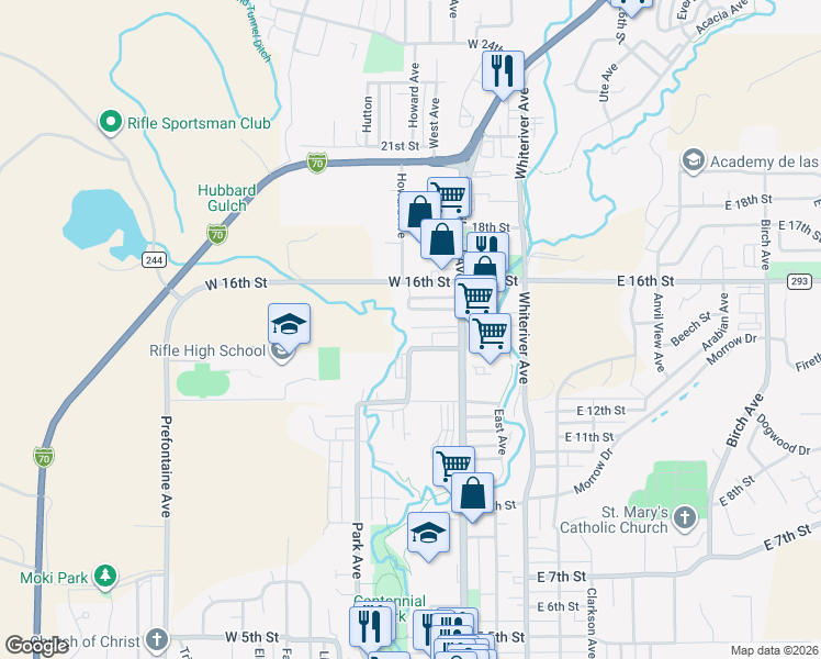 map of restaurants, bars, coffee shops, grocery stores, and more near 1215 Howard Avenue in Rifle