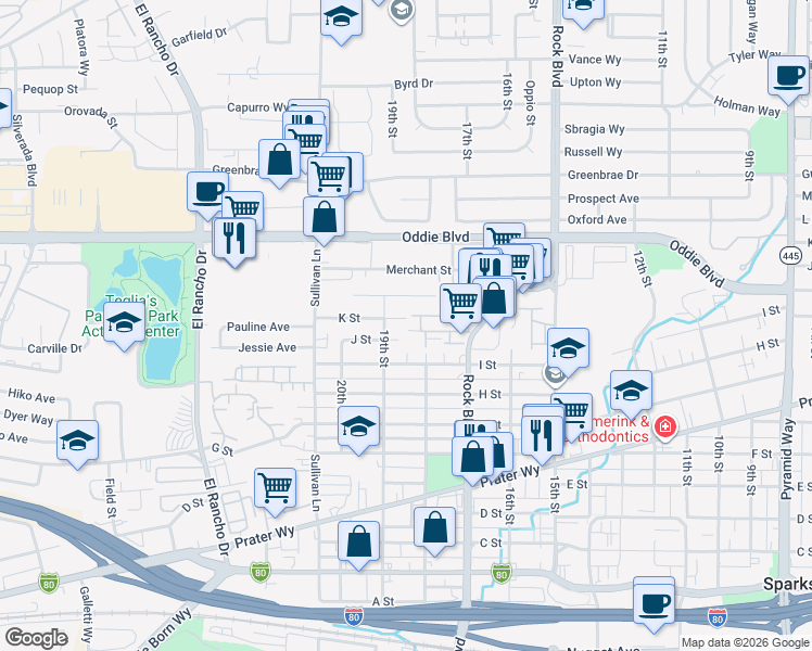map of restaurants, bars, coffee shops, grocery stores, and more near 1808 K Street in Sparks