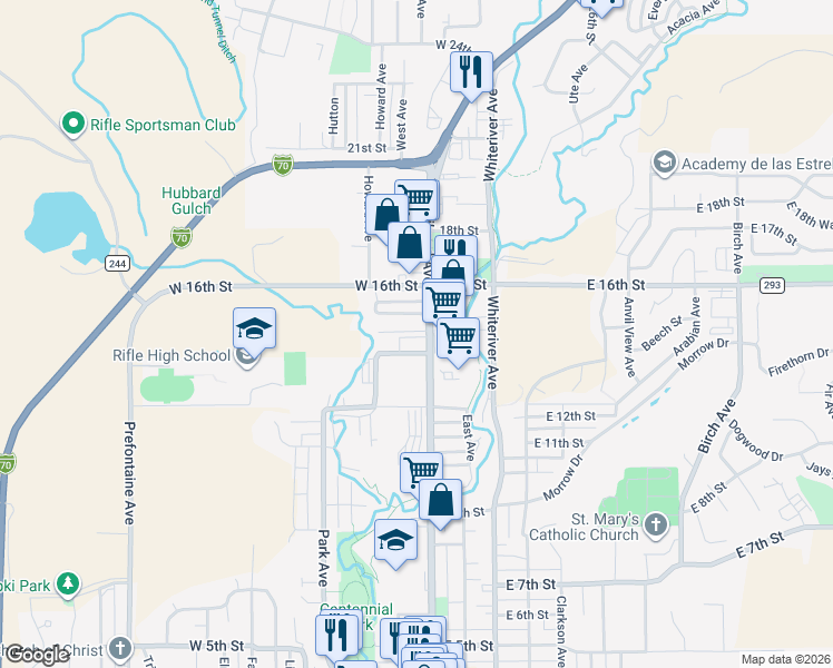 map of restaurants, bars, coffee shops, grocery stores, and more near 1467-1527 Railroad Avenue in Rifle