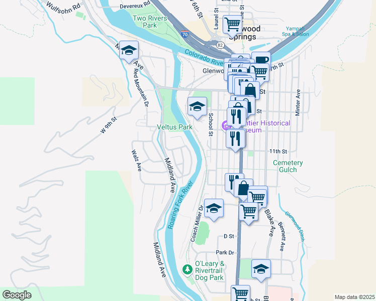 map of restaurants, bars, coffee shops, grocery stores, and more near 1101-1299 Sprucewood Lane in Glenwood Springs
