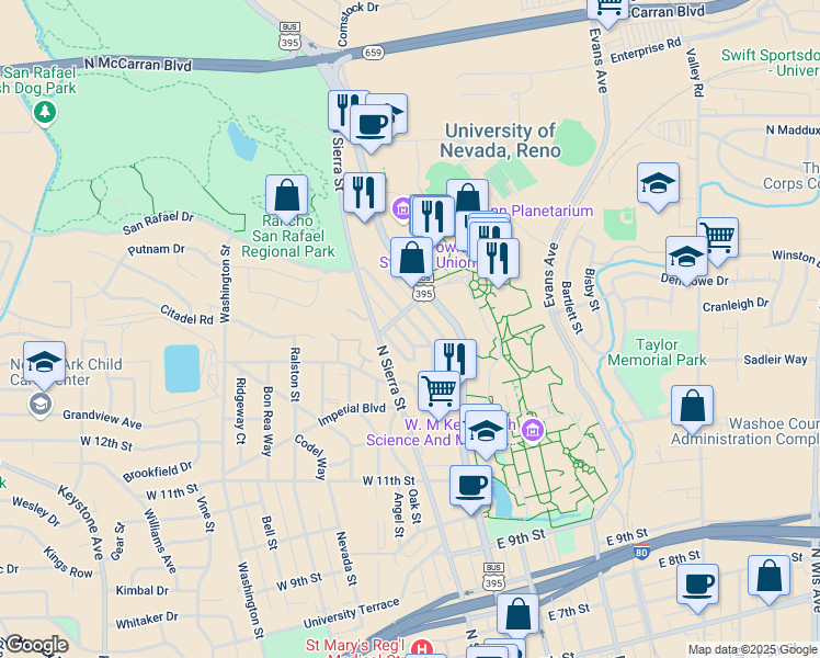 map of restaurants, bars, coffee shops, grocery stores, and more near 1447 Terrace Drive in Reno