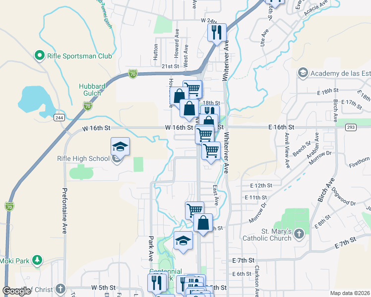 map of restaurants, bars, coffee shops, grocery stores, and more near 1467-1527 Railroad Avenue in Rifle