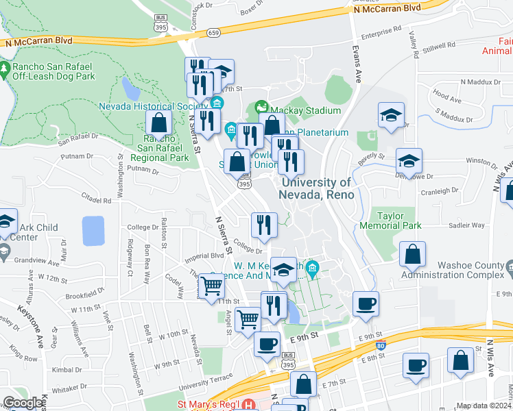 map of restaurants, bars, coffee shops, grocery stores, and more near 1430 North Virginia Street in Reno