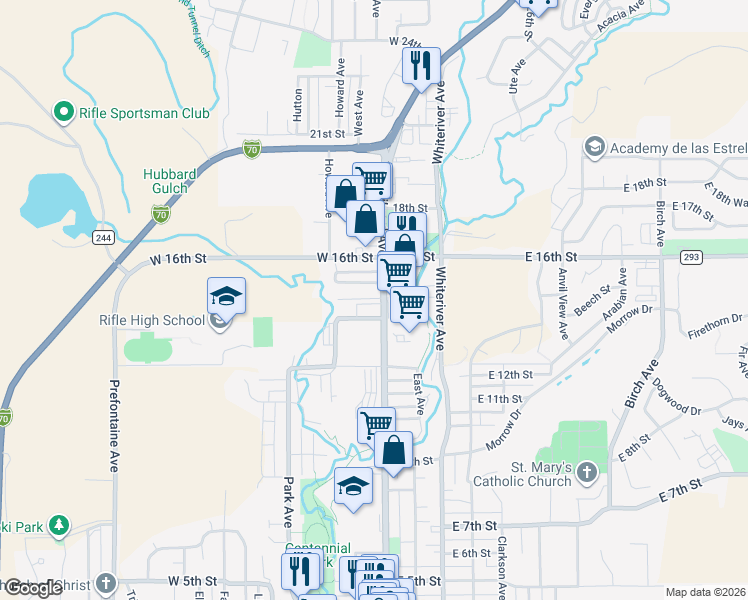 map of restaurants, bars, coffee shops, grocery stores, and more near 1467-1527 Railroad Avenue in Rifle
