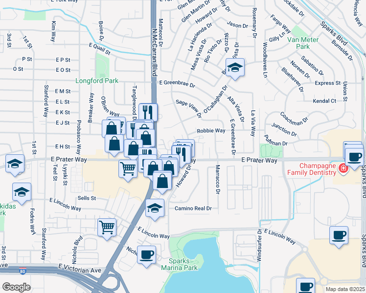map of restaurants, bars, coffee shops, grocery stores, and more near 949 Woodside Drive in Sparks