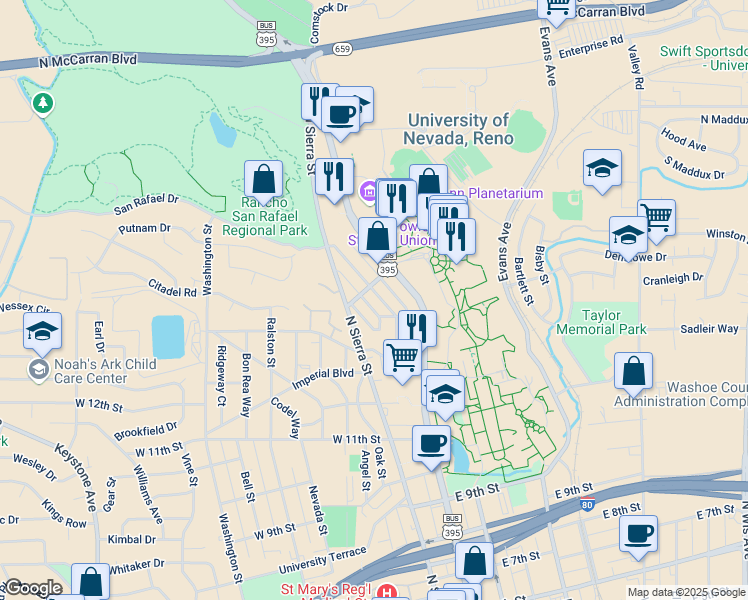 map of restaurants, bars, coffee shops, grocery stores, and more near 333 West 15th Street in Reno
