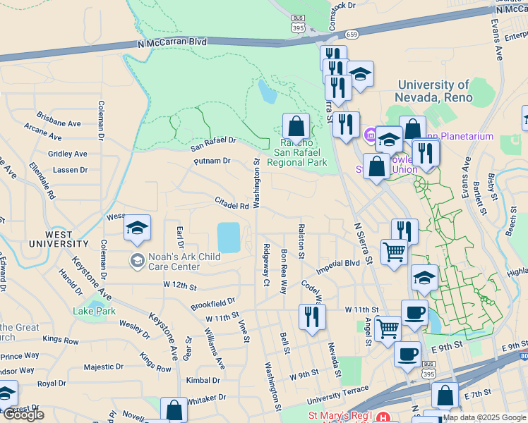 map of restaurants, bars, coffee shops, grocery stores, and more near 576 Citadel Court in Reno
